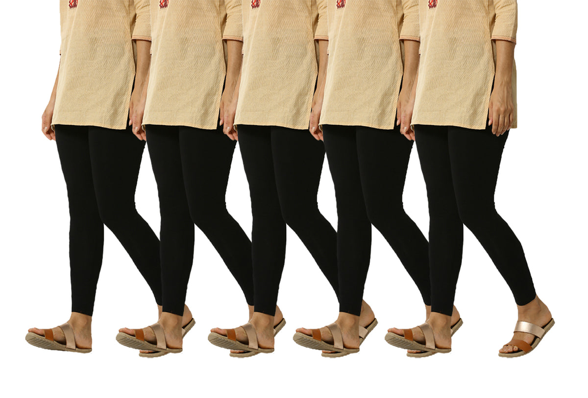 De Moza Women's Ankle Length Pack 5 Leggings Solid Cotton Black Free Size - De Moza (4822486777919)