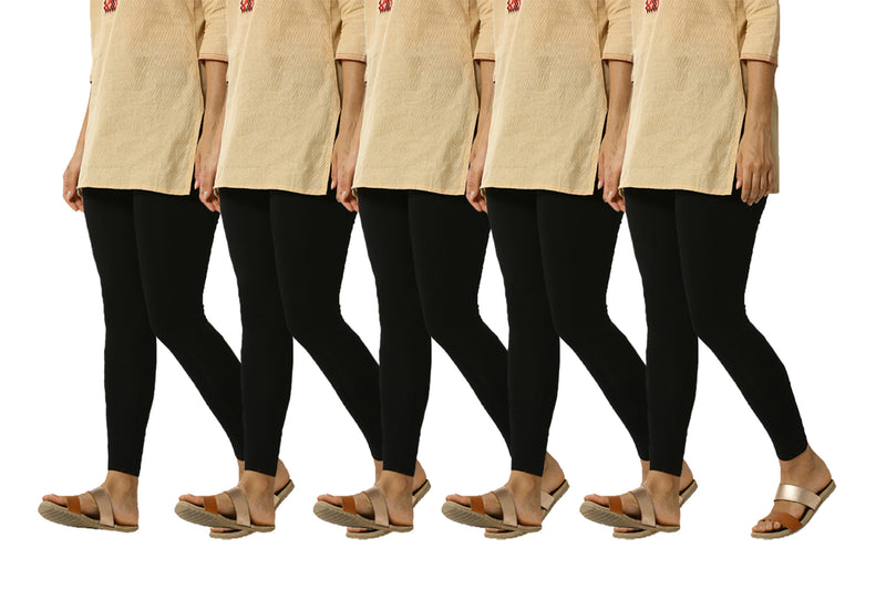 De Moza Women's Ankle Length Pack 5 Leggings Solid Cotton Black Free Size - De Moza (4822486777919)