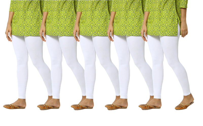 De Moza Women's Ankle Length Pack 5 Leggings Solid Cotton White Free Size - De Moza (4822486876223)
