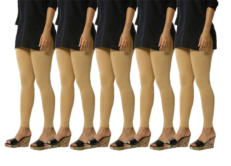 De Moza Women's Ankle Length Pack 5 Leggings Solid Cotton Skin Free Size - De Moza (4822486810687)