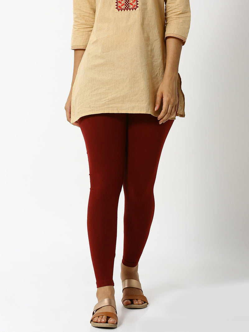 De Moza Women Ankle Length Leggings Solid Cotton maroon.