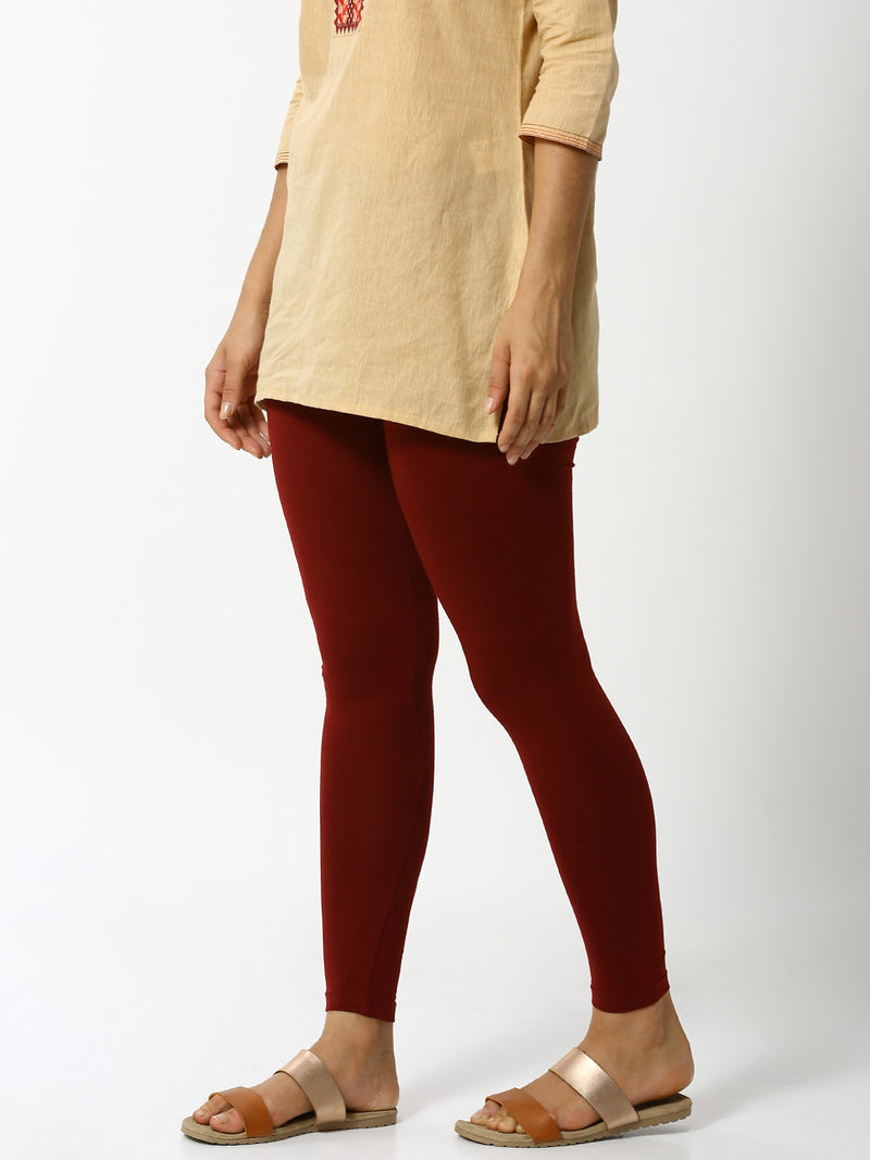 De Moza Women Ankle Length Leggings Solid Cotton maroon.