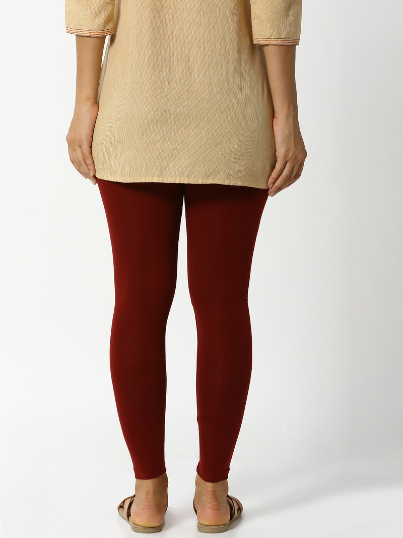 De Moza Women Ankle Length Leggings Solid Cotton maroon.