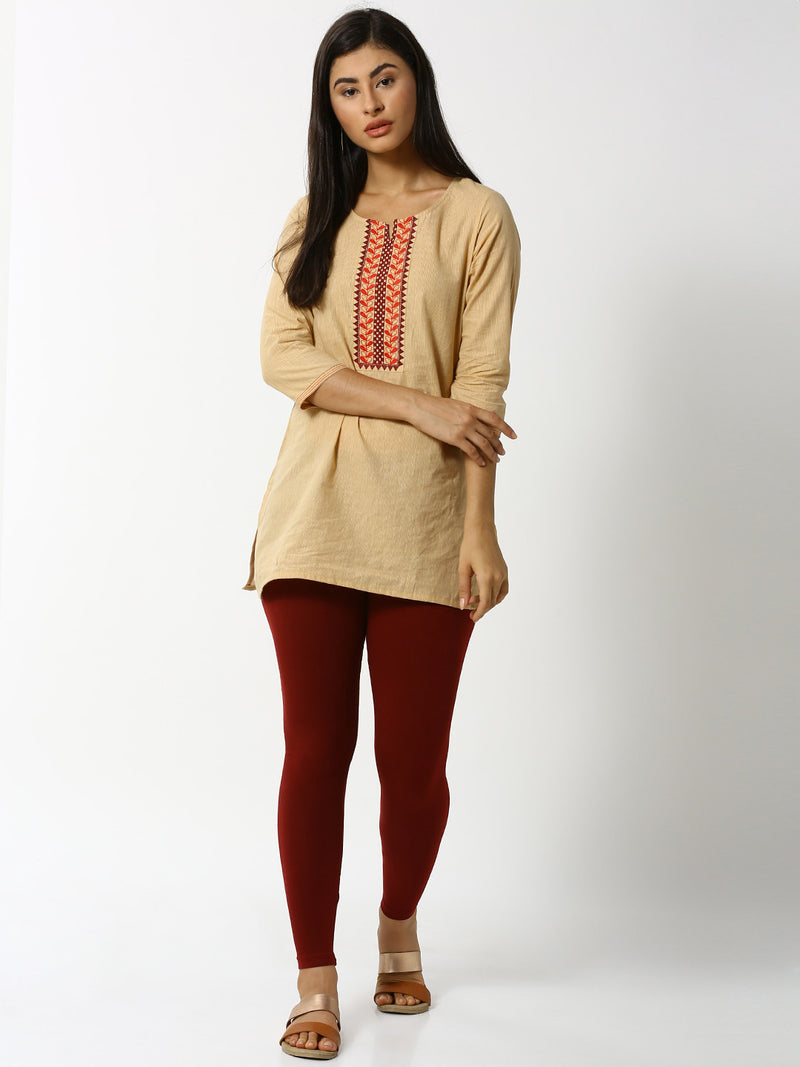 De Moza Women Ankle Length Leggings Solid Cotton maroon.
