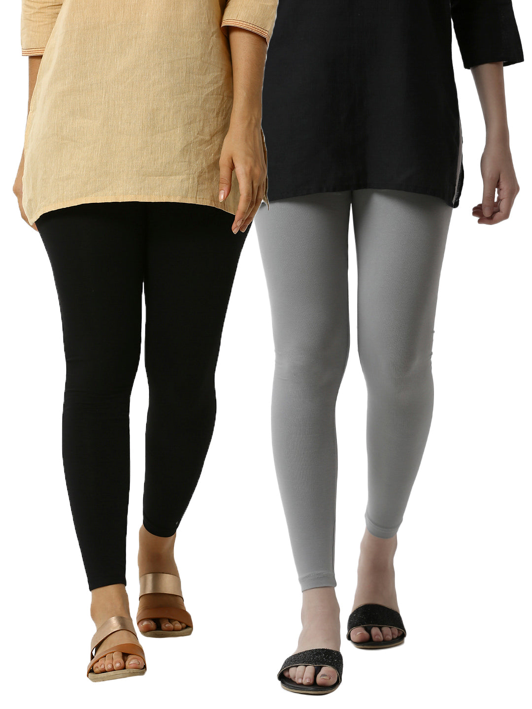 Pack of 2 De Moza Ladies Superior Ankle Leggings Black&Light Grey