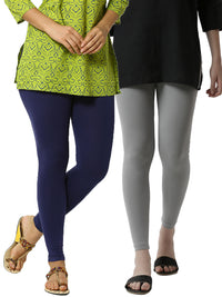De Moza Superior Ankle Length Leggings Combo Pack of 2 Navy Blue&Light Grey - De Moza