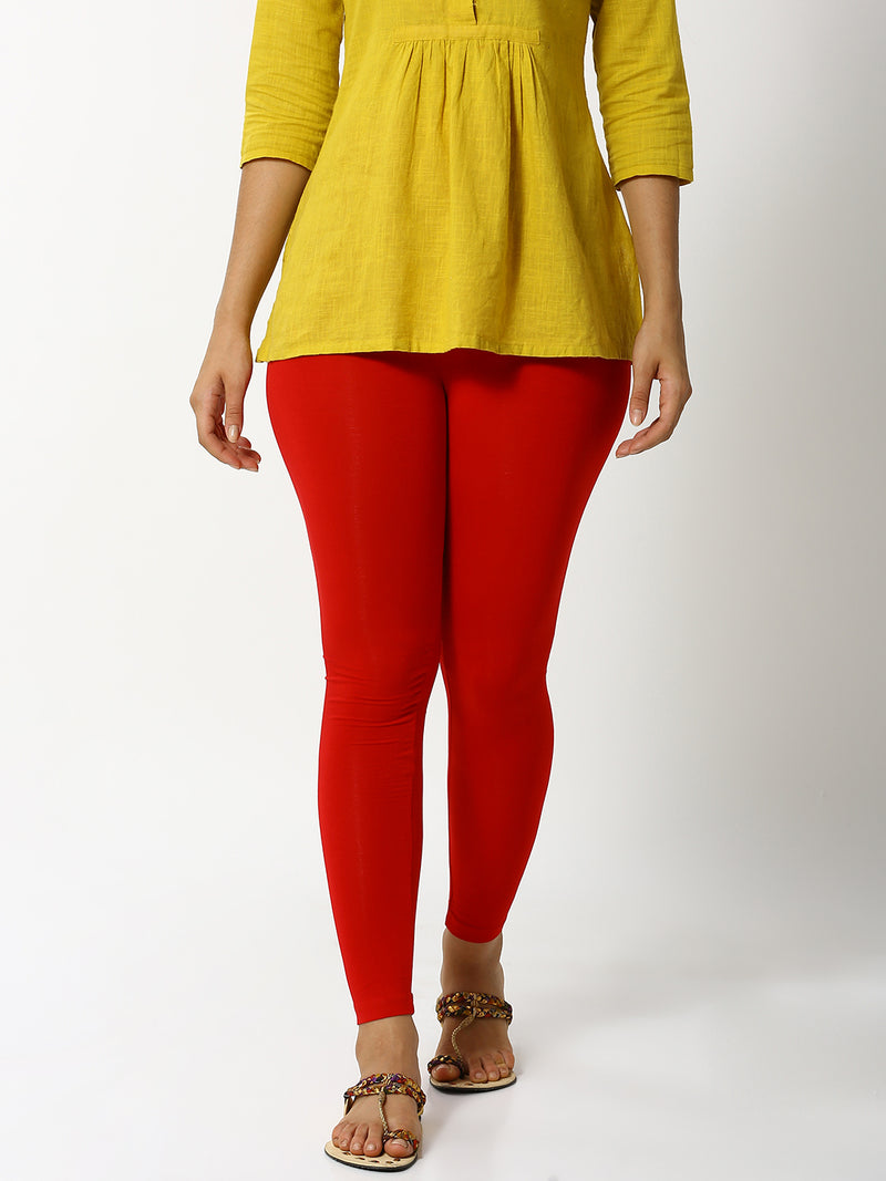 De Moza Women's Ankle Length Leggings Solid Viscose True Red - De Moza (4890552795199)