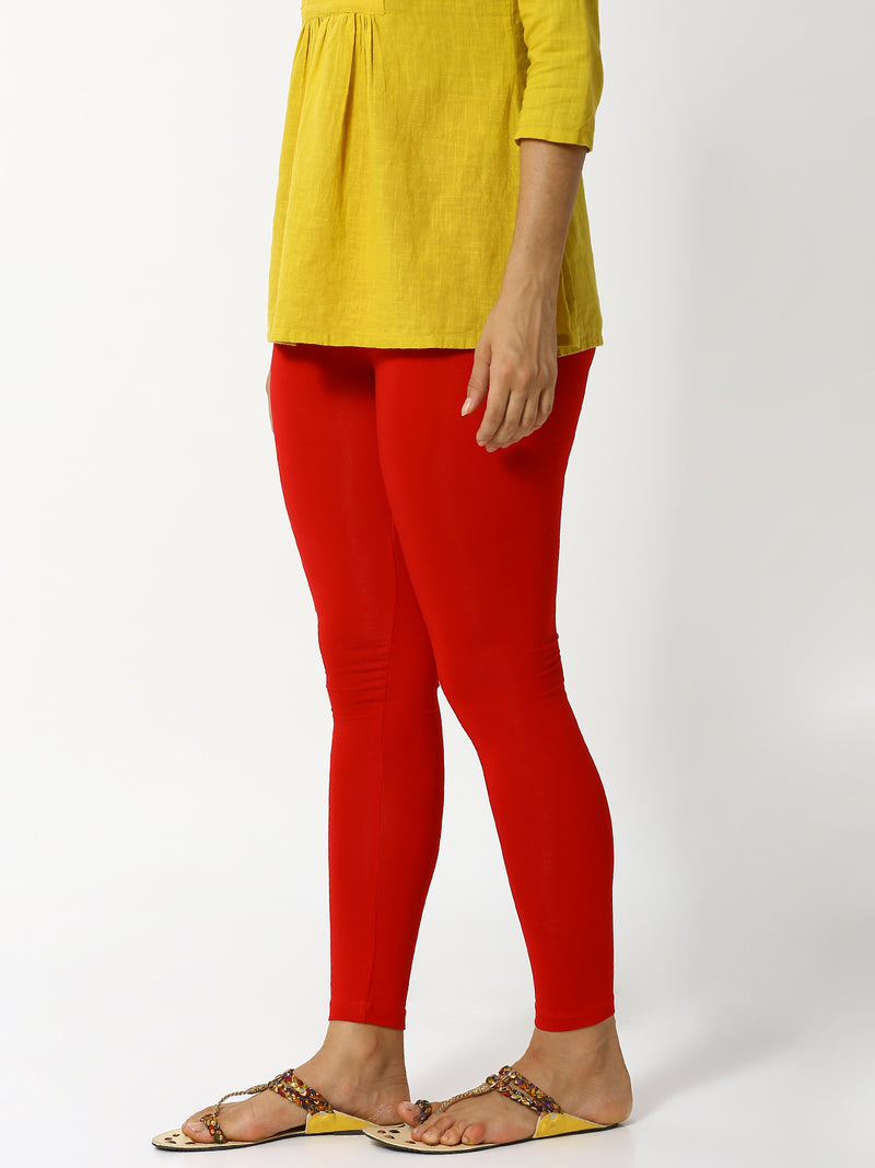 De Moza Women's Ankle Length Leggings Solid Viscose True Red - De Moza (4890552795199)
