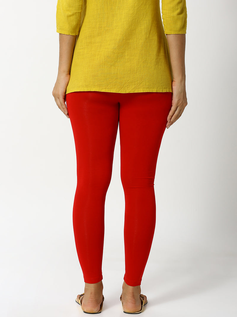 De Moza Women's Ankle Length Leggings Solid Viscose True Red - De Moza (4890552795199)
