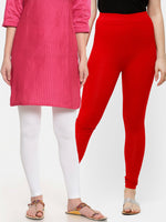 De Moza Superior Ankle Length Leggings Combo Pack of 2 White&True Red - De Moza