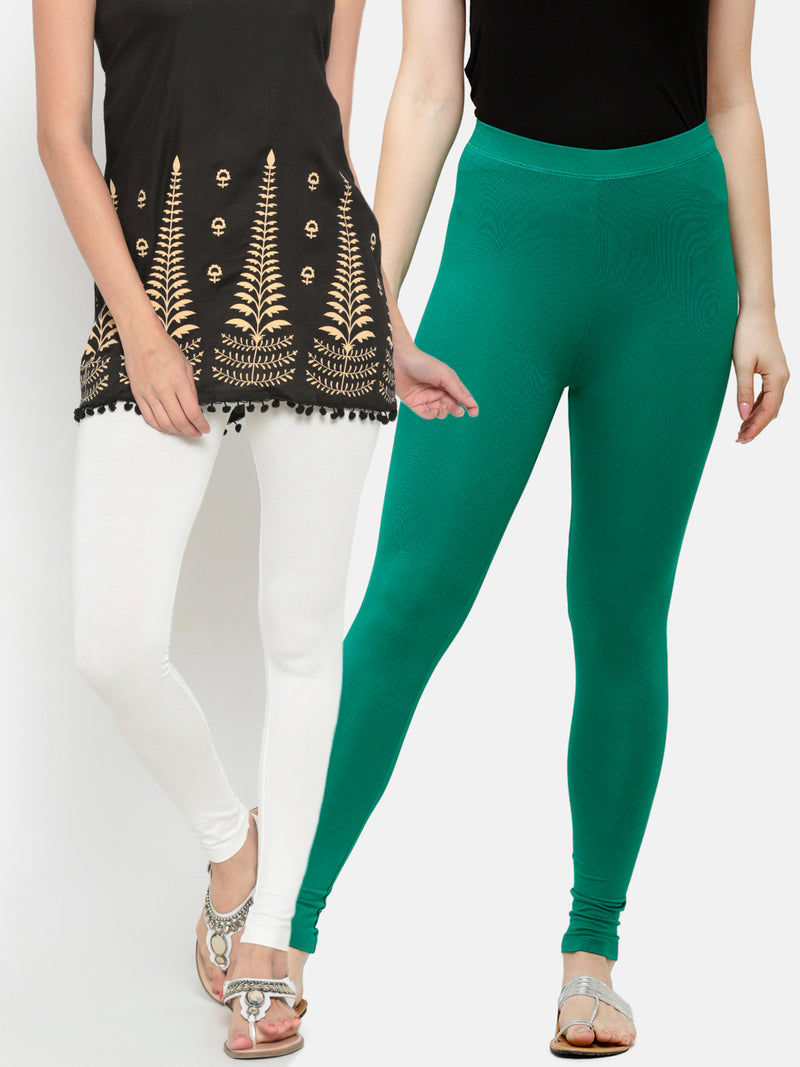 De Moza Superior Ankle Length Leggings Combo Pack of 2 Offwhite&Emerald Green - De Moza