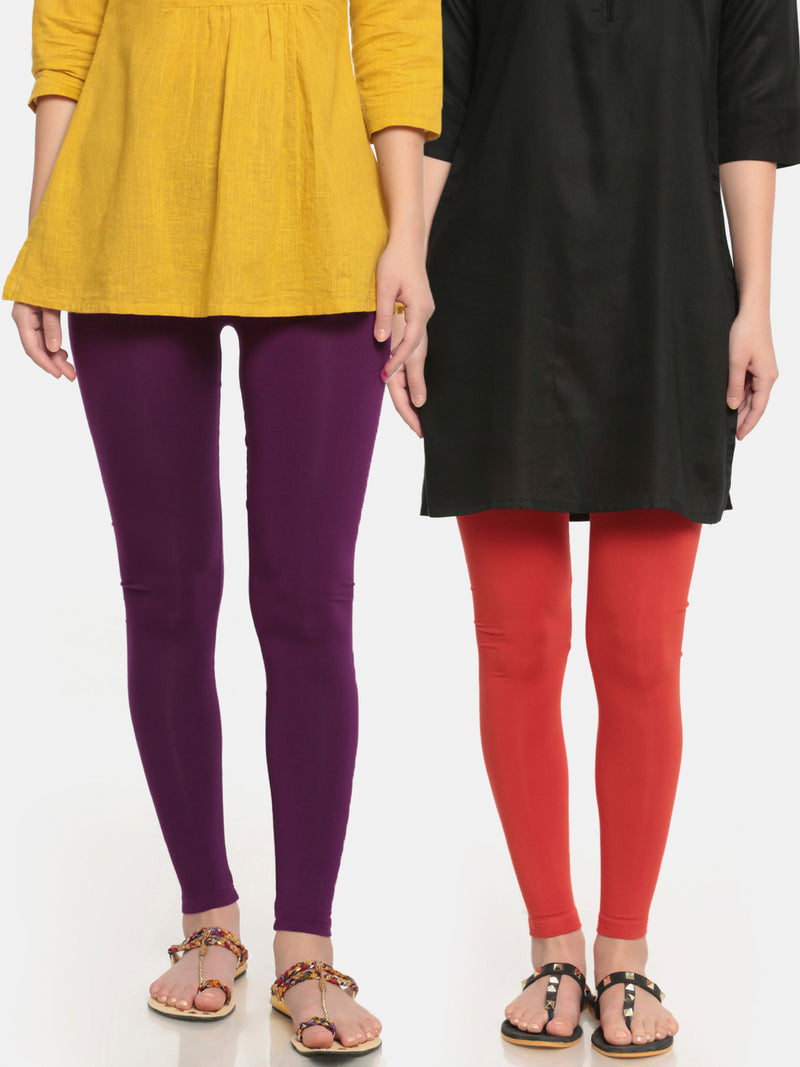 De Moza Superior Ankle Length Leggings Combo Pack of 2 Dark Purple&Rust Orange - De Moza