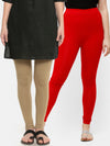 De Moza Superior Ankle Length Leggings Combo Pack of 2 Golden Beige&True Red - De Moza