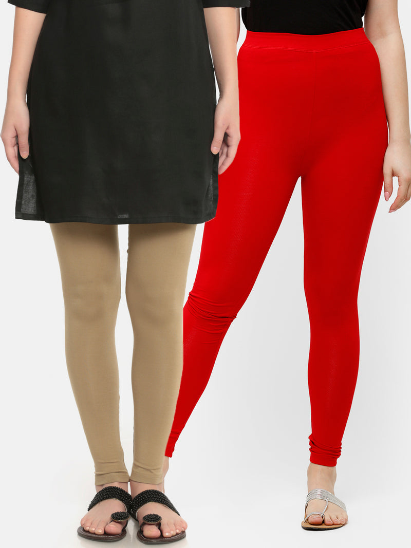 De Moza Superior Ankle Length Leggings Combo Pack of 2 Golden Beige&True Red - De Moza