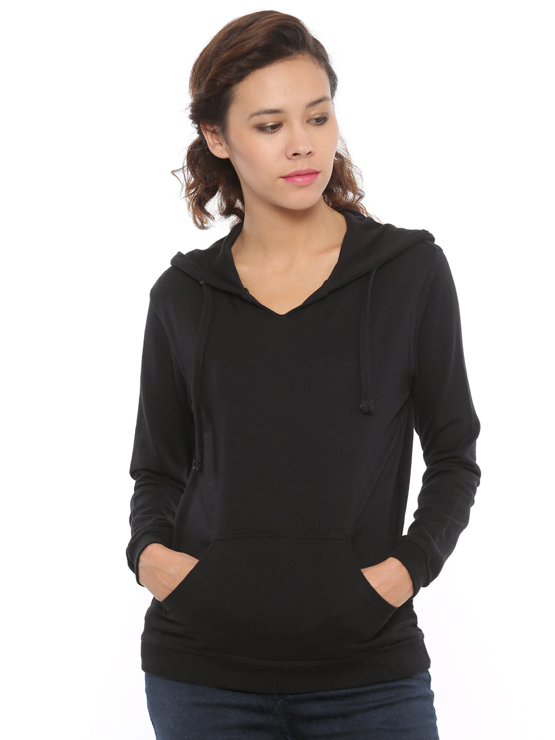 De Moza Women's Hooded Sweat Shirt Solid Cotton Black - De Moza (4465228251199)