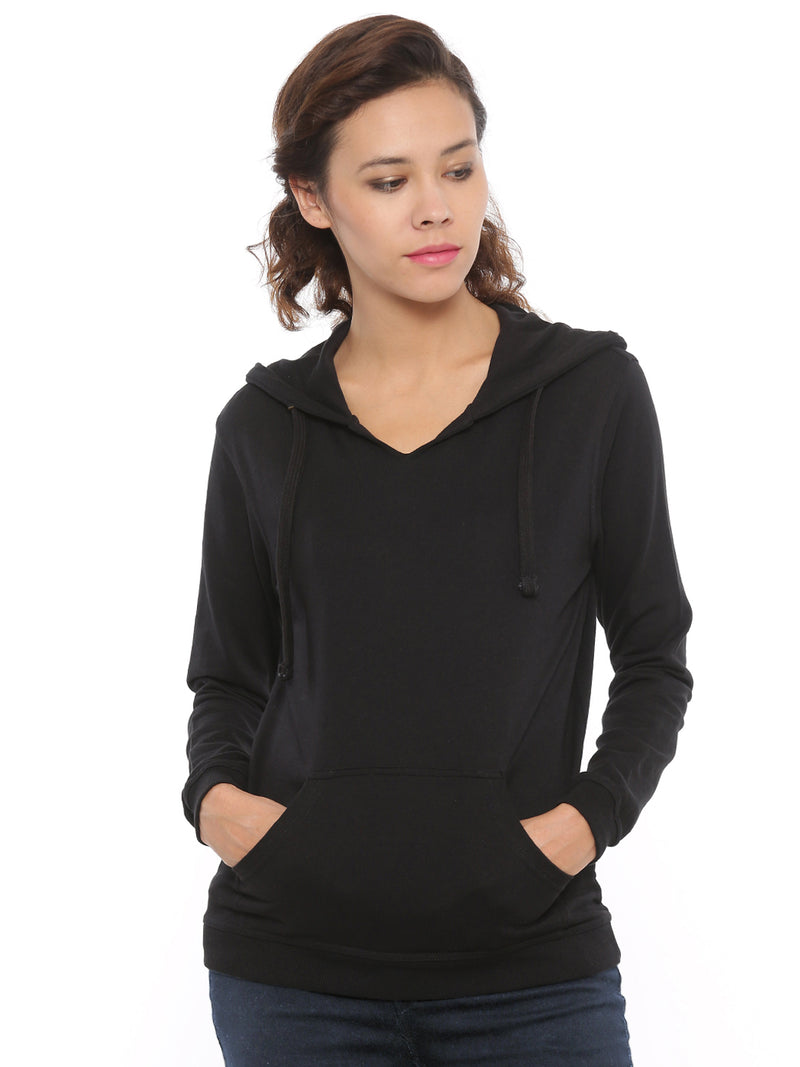 De Moza Women's Hooded Sweat Shirt Solid Cotton Black - De Moza (4465228251199)