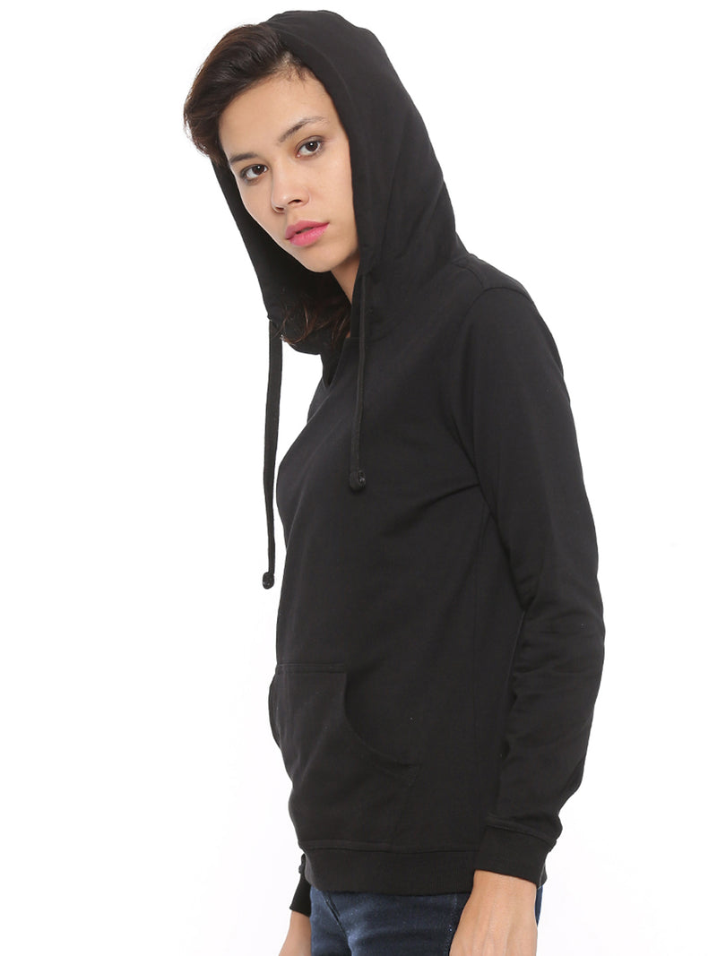 De Moza Women's Hooded Sweat Shirt Solid Cotton Black - De Moza (4465228251199)