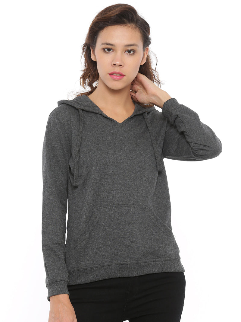De Moza Women's Hooded Sweat Shirt Solid Cotton Melange Anthra Melange - De Moza (4465228316735)