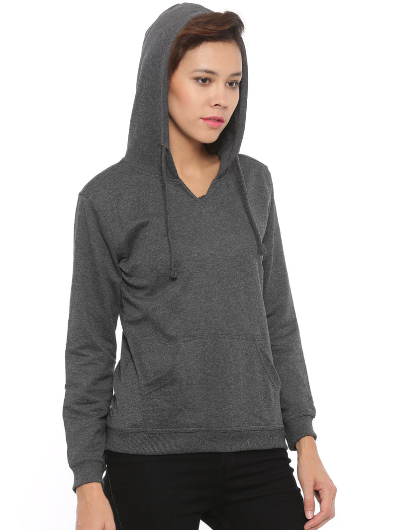 De Moza Women's Hooded Sweat Shirt Solid Cotton Melange Anthra Melange - De Moza (4465228316735)
