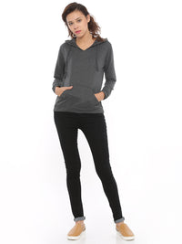 De Moza Women's Hooded Sweat Shirt Solid Cotton Melange Anthra Melange - De Moza (4465228316735)