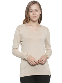 De Moza Women's Sweater Round Neck Full Sleeve Solid Cotton Beige - De Moza (4465241915455)