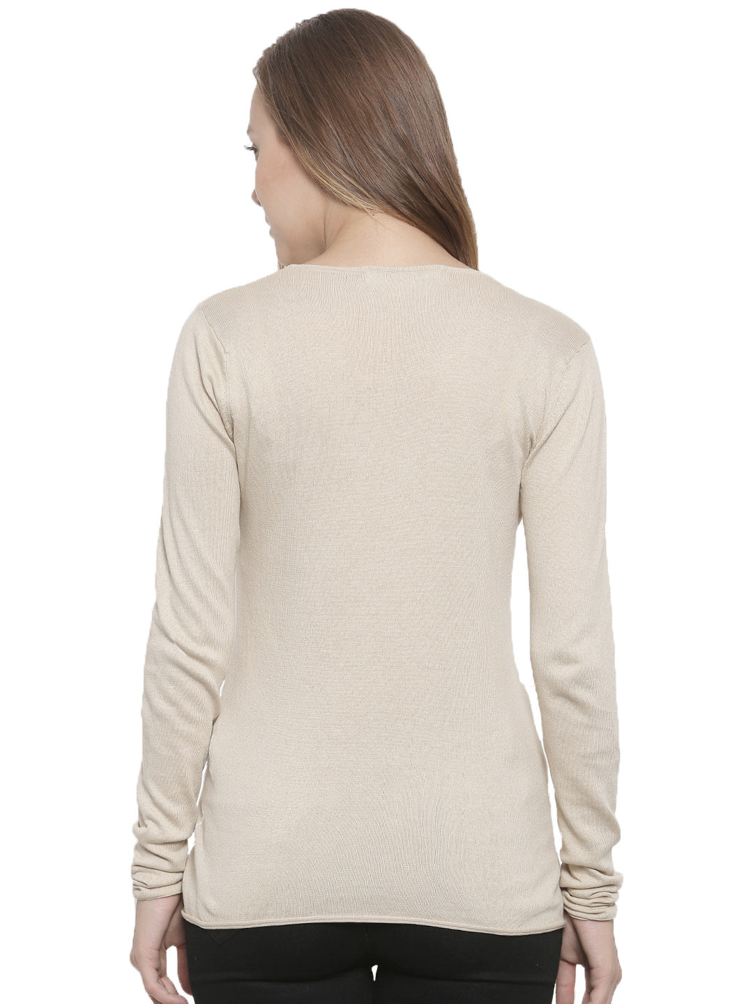 De Moza Women's Sweater Round Neck Full Sleeve Solid Cotton Beige - De Moza (4465241915455)