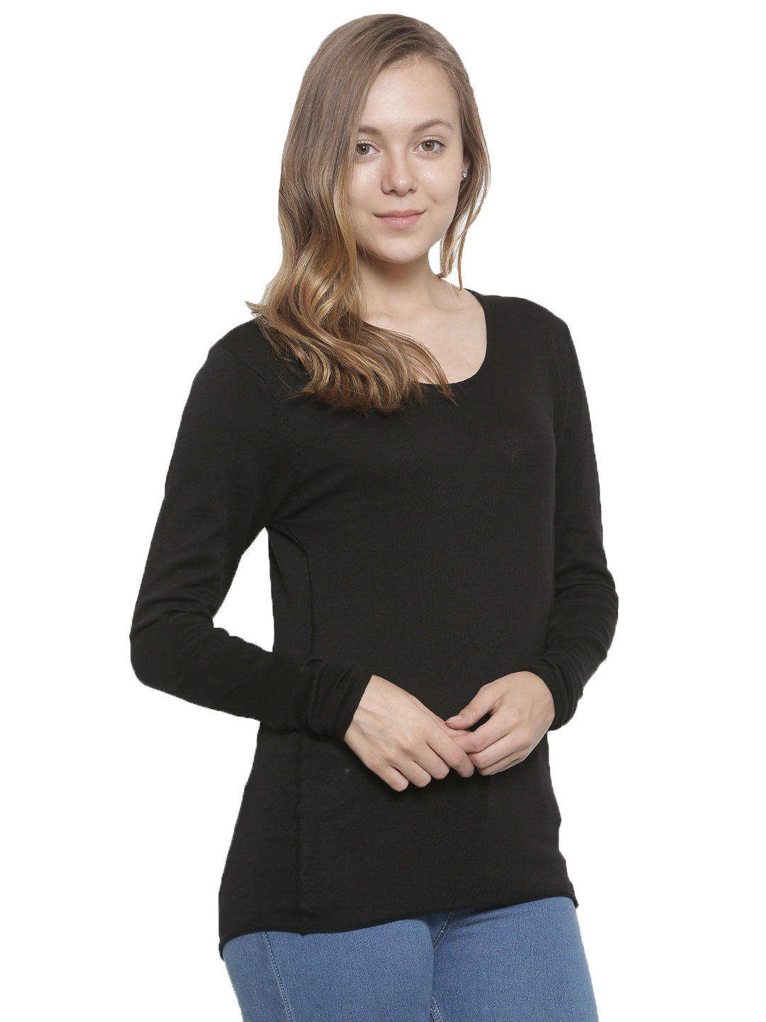 De Moza Women's Sweater Round Neck Full Sleeve Solid Cotton Black - De Moza (4465241817151)
