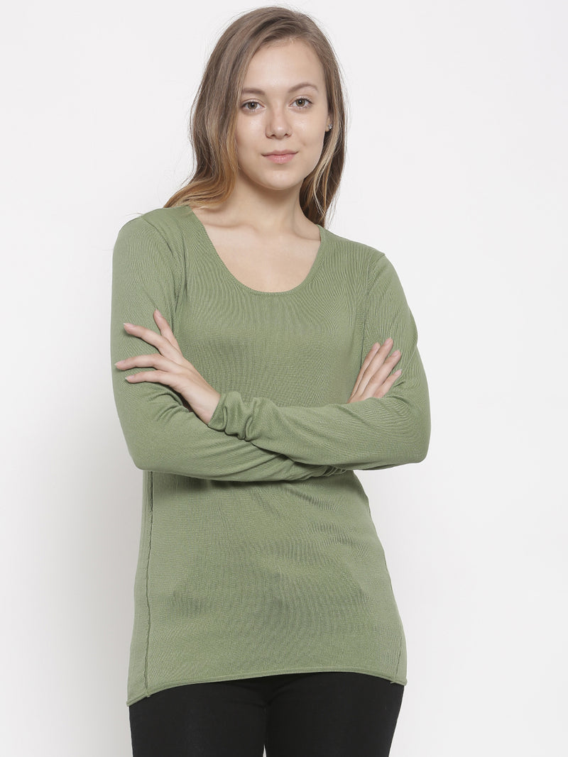 De Moza Women's Sweater Round Neck Full Sleeve Solid Cotton Olive Green - De Moza (4464287809599)