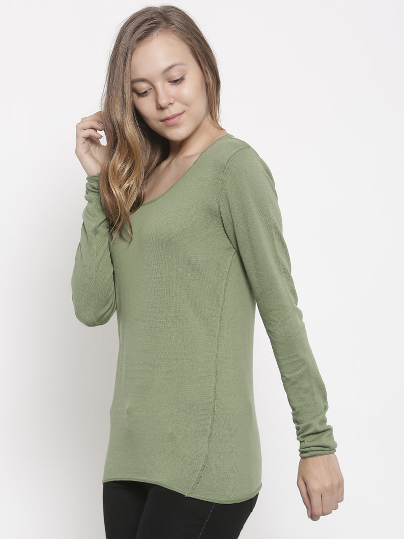 De Moza Women's Sweater Round Neck Full Sleeve Solid Cotton Olive Green - De Moza (4464287809599)