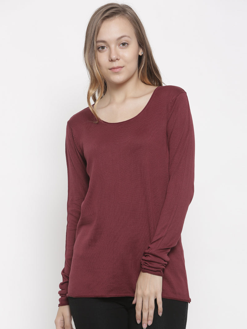 De Moza Women's Sweater Round Neck Full Sleeve Solid Cotton Wine - De Moza (4465242046527)