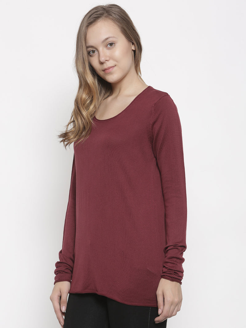 De Moza Women's Sweater Round Neck Full Sleeve Solid Cotton Wine - De Moza (4465242046527)