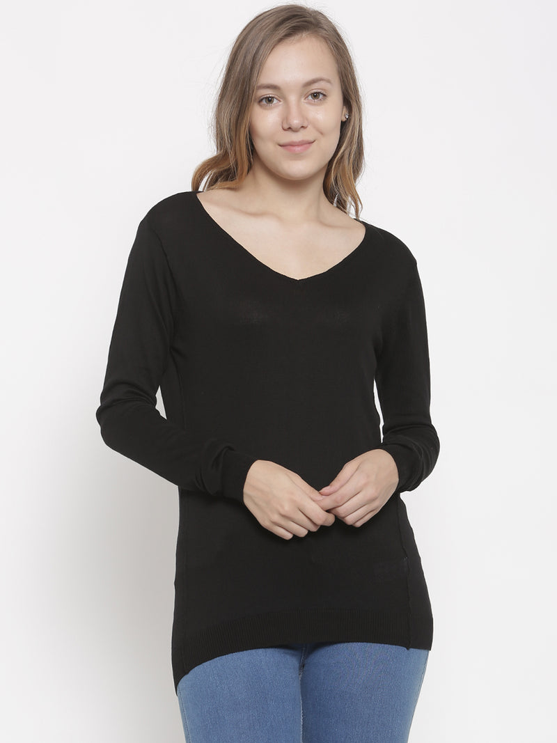 De Moza Women's Sweater V-Neck Full Sleeve Solid Cotton Black - De Moza (4465242079295)