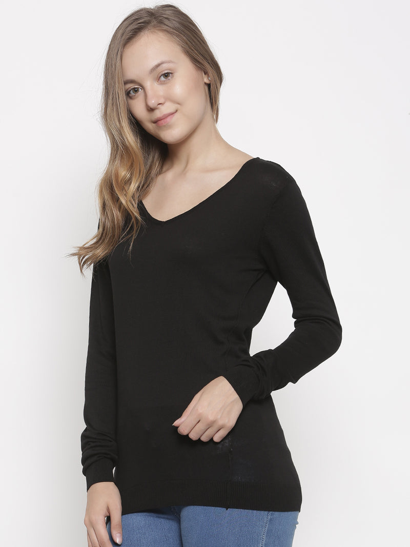 De Moza Women's Sweater V-Neck Full Sleeve Solid Cotton Black - De Moza (4465242079295)