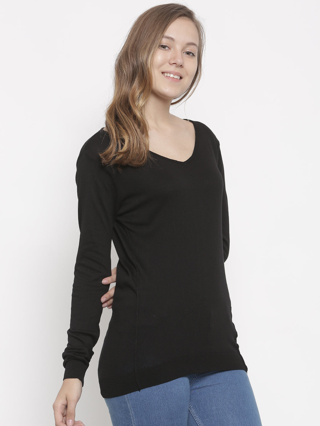 De Moza Women's Sweater V-Neck Full Sleeve Solid Cotton Black - De Moza (4465242079295)