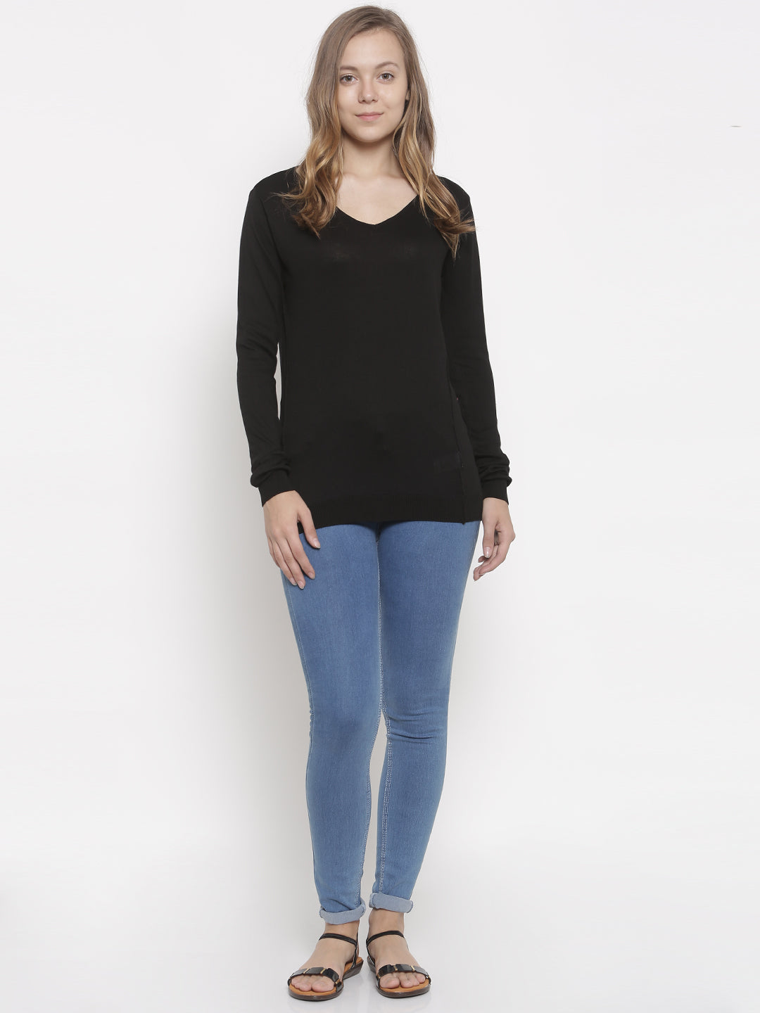 De Moza Women's Sweater V-Neck Full Sleeve Solid Cotton Black - De Moza (4465242079295)