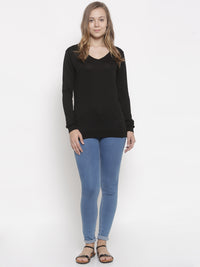 De Moza Women's Sweater V-Neck Full Sleeve Solid Cotton Black - De Moza (4465242079295)