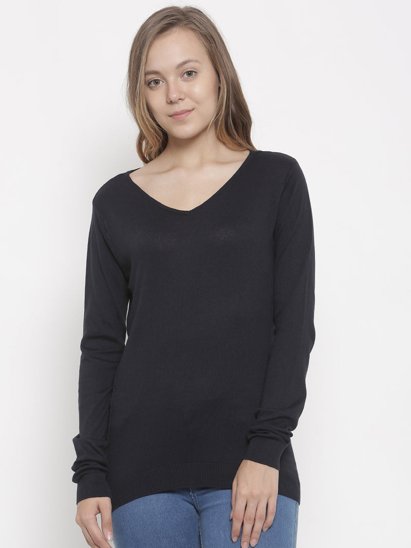 De Moza Women's Sweater V-Neck Full Sleeve Solid Cotton Navy Blue - De Moza (4465242112063)