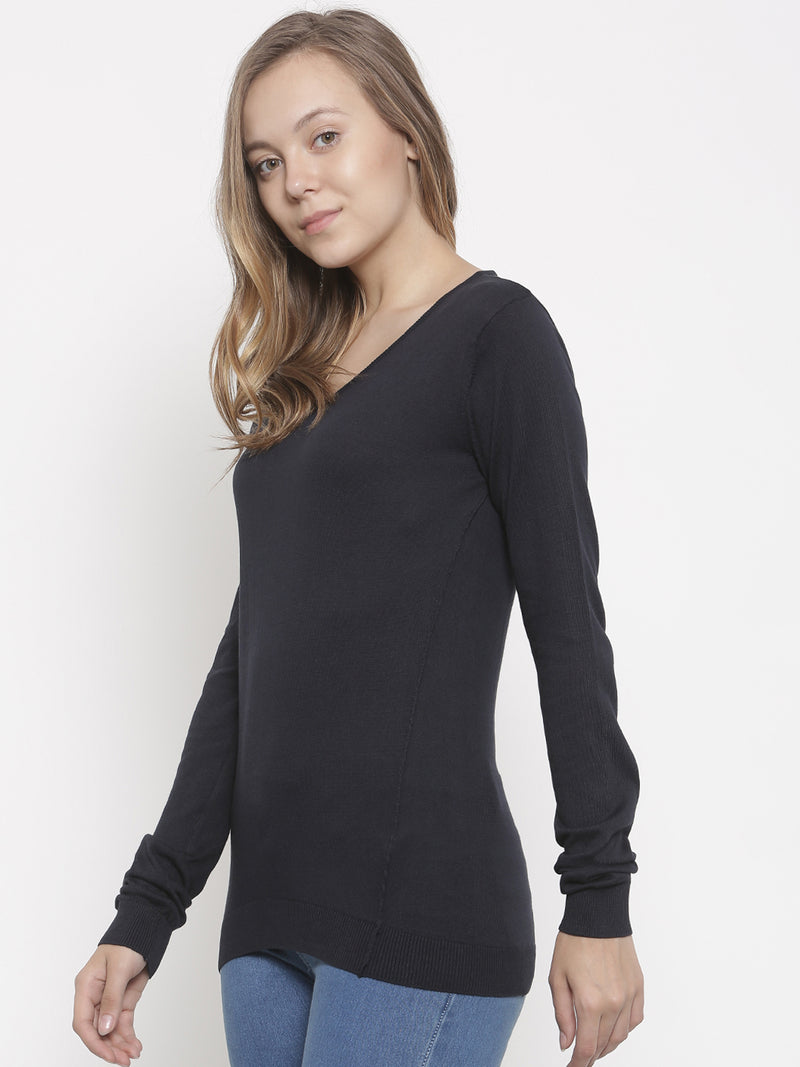 De Moza Women's Sweater V-Neck Full Sleeve Solid Cotton Navy Blue - De Moza (4465242112063)