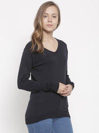 De Moza Women's Sweater V-Neck Full Sleeve Solid Cotton Navy Blue - De Moza (4465242112063)