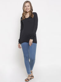 De Moza Women's Sweater V-Neck Full Sleeve Solid Cotton Navy Blue - De Moza (4465242112063)