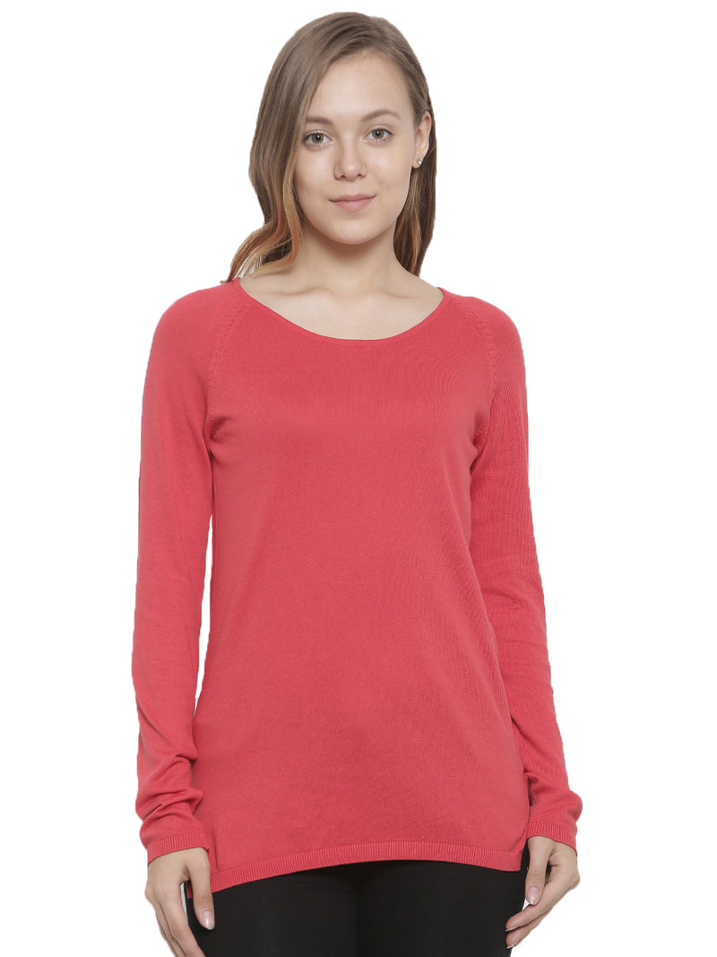 De Moza Women's Sweater Round Neck Raglan Sleeve Solid Cotton Red - De Moza (4465242210367)