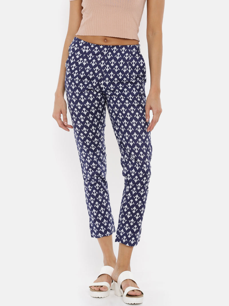 De Moza Ladies Printed Indigo Blue Cigarette Pant - De Moza (1735412711487)