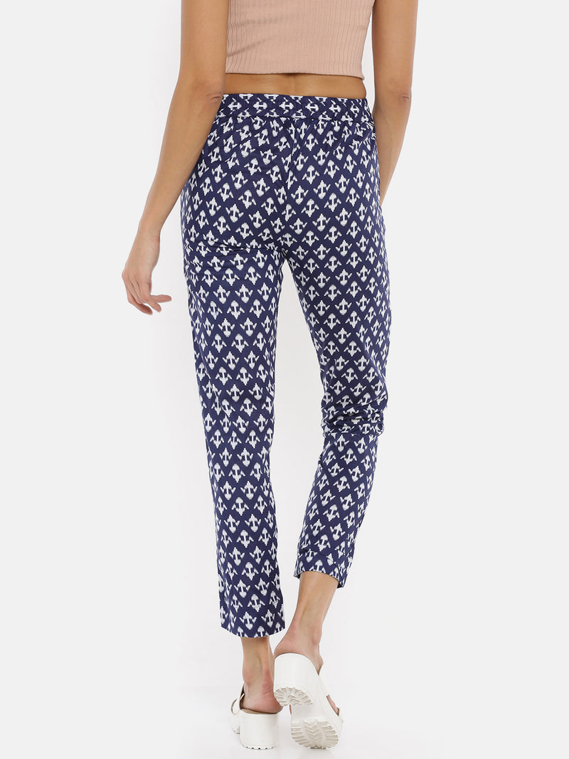 De Moza Ladies Printed Indigo Blue Cigarette Pant - De Moza (1735412711487)
