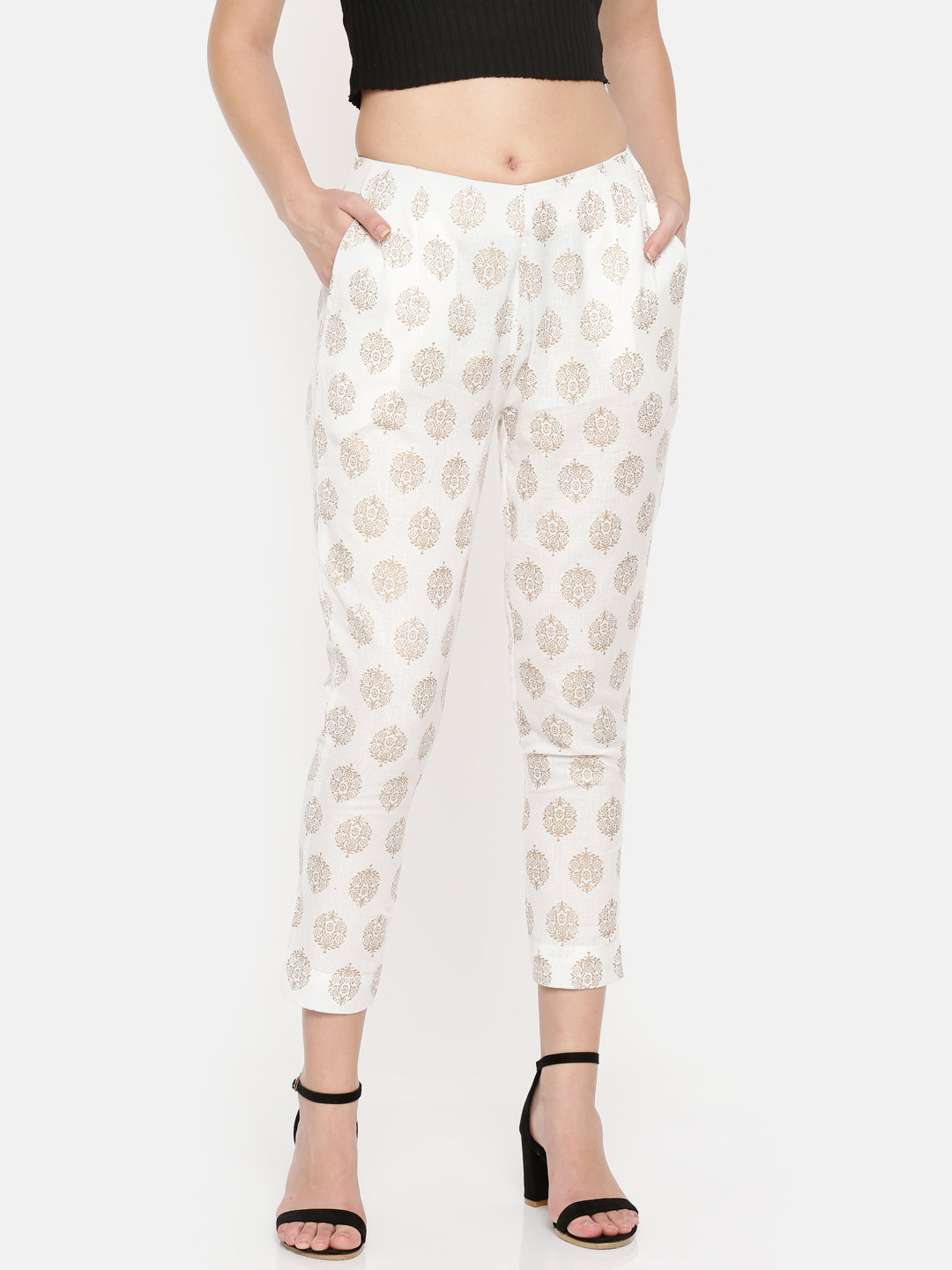 De Moza- Ladies Printed Offwhite Cigarette Trousers - De Moza (1532742991935)