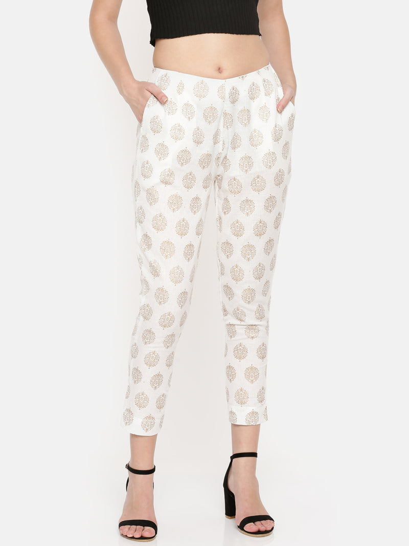 De Moza- Ladies Printed Offwhite Cigarette Trousers - De Moza (1532742991935)