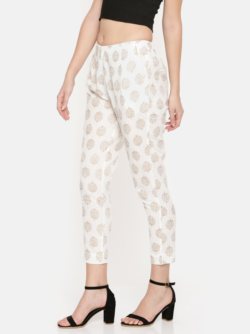 De Moza- Ladies Printed Offwhite Cigarette Trousers - De Moza (1532742991935)