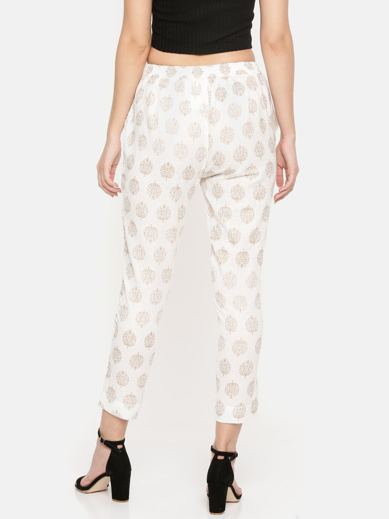 De Moza- Ladies Printed Offwhite Cigarette Trousers - De Moza (1532742991935)