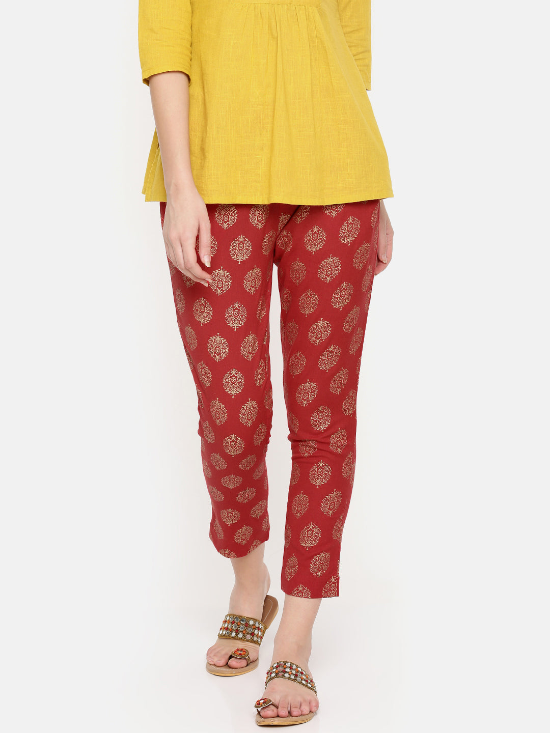 De Moza Ladies Red Printed Cigarette Trousers - De Moza (1529544671295)