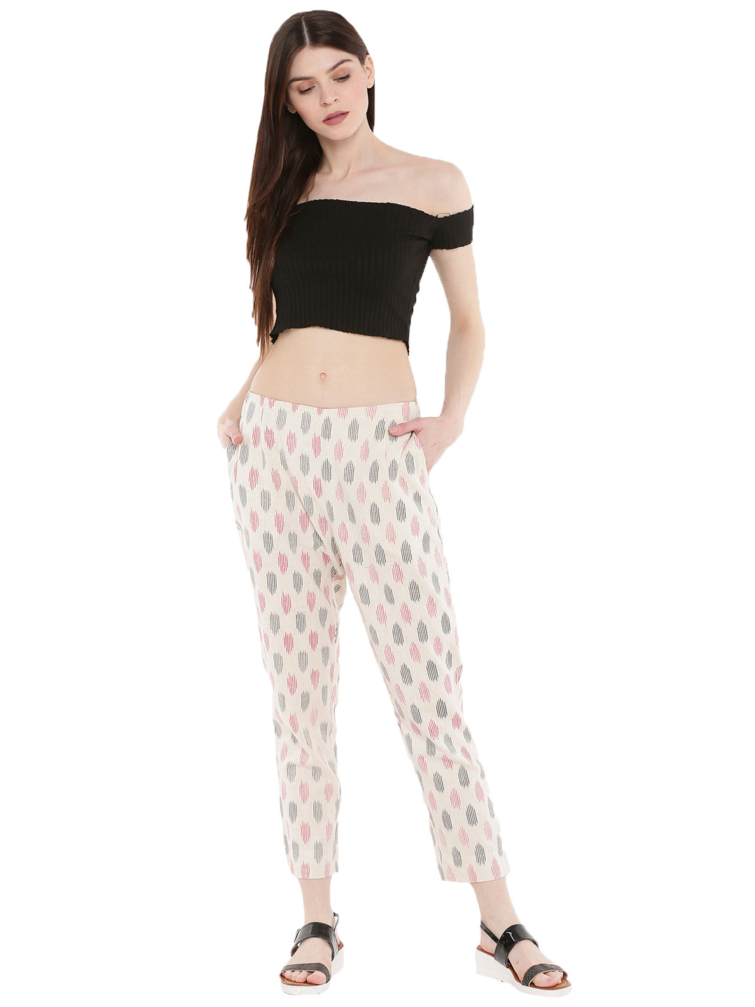 De Moza Ladies Woven Printed Cigarette Pant Offwhite - De Moza (1668047339583)