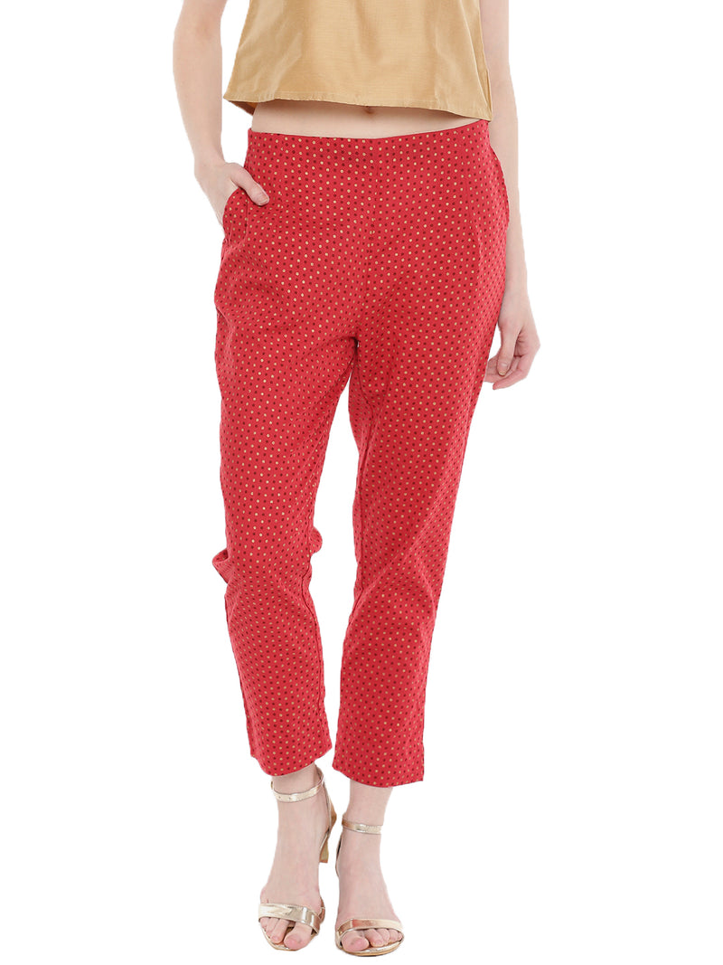 De Moza Ladies Woven Printed Cigarette Pant Red - De Moza (1668059267135)